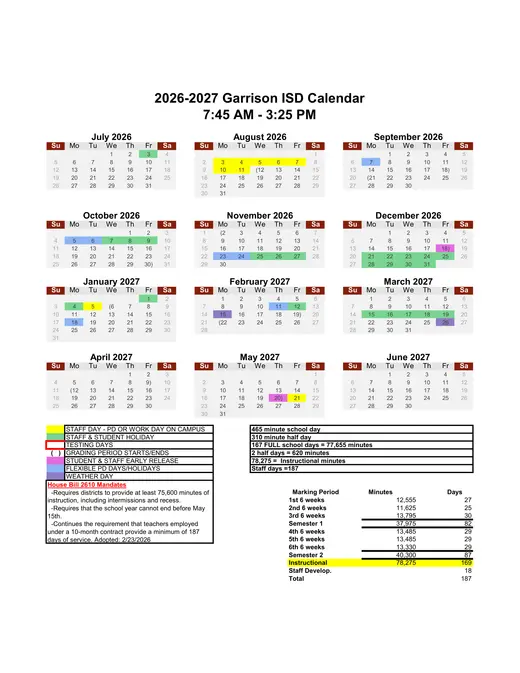 Garrison ISD 2026–2027 Academic Calendar Page 1