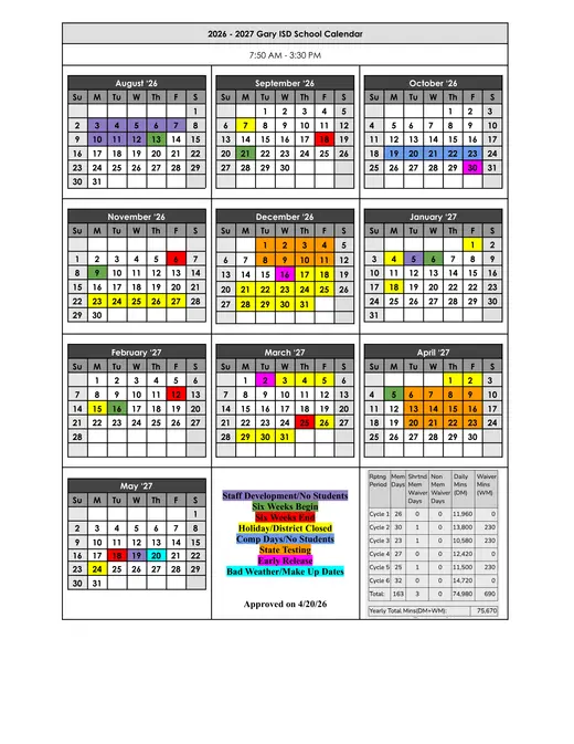Gary ISD 2026–2027 Academic Calendar Page 1