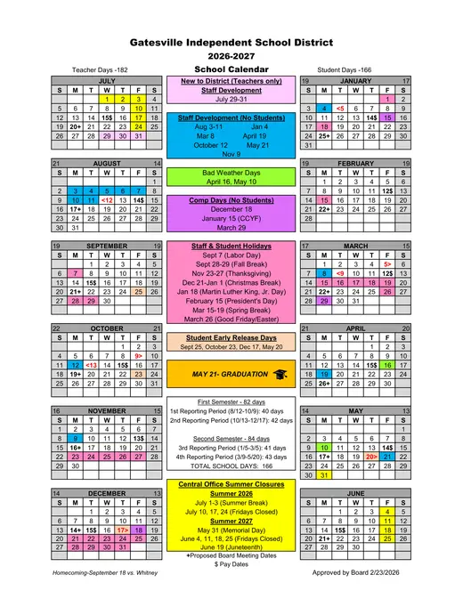 Gatesville ISD 2026–2027 Academic Calendar