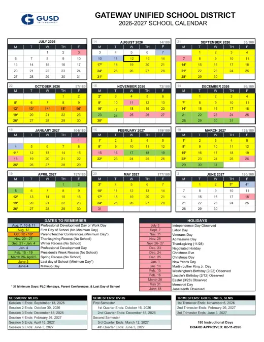 Gateway Charter Academy 2026–2027 Academic Calendar Page 1