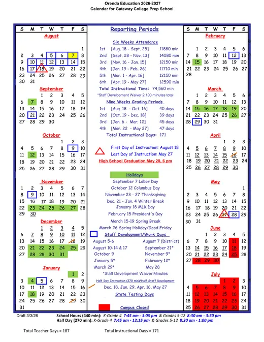Gateway College Prep School 2026–2027 Academic Calendar