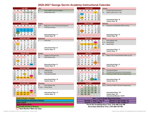 George Gervin Academy 2026–2027 Academic Calendar Page 1