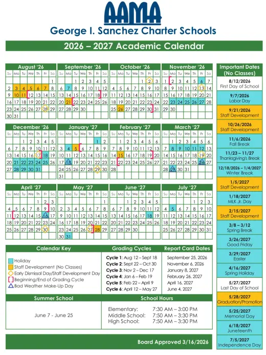 George I Sanchez Charter 2026–2027 Academic Calendar Page 1