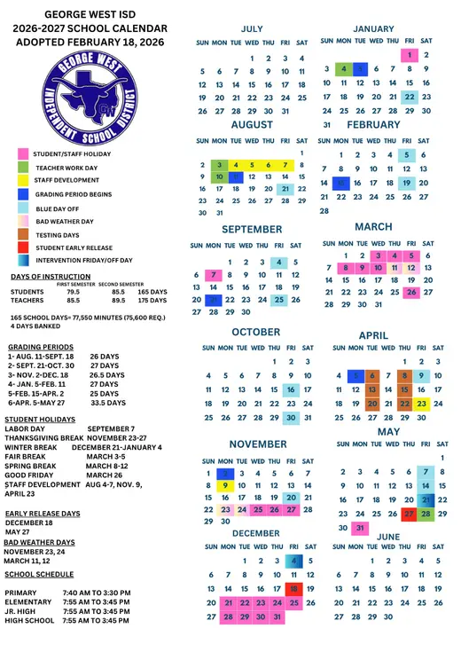 George West ISD 2026–2027 Academic Calendar Page 1