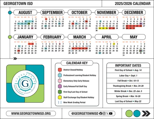 Georgetown ISD 2025–2026 Academic Calendar Page 1