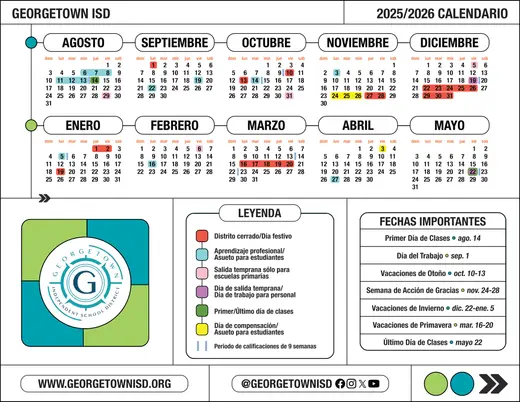 Georgetown ISD 2025–2026 Academic Calendar Page 2