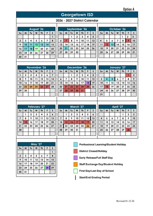Georgetown ISD 2025–2026 Academic Calendar Page 3