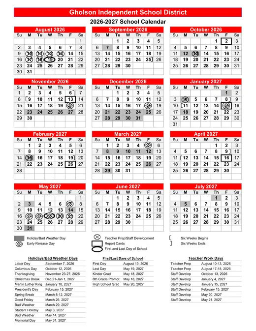 Gholson ISD 2026–2027 Academic Calendar Page 1