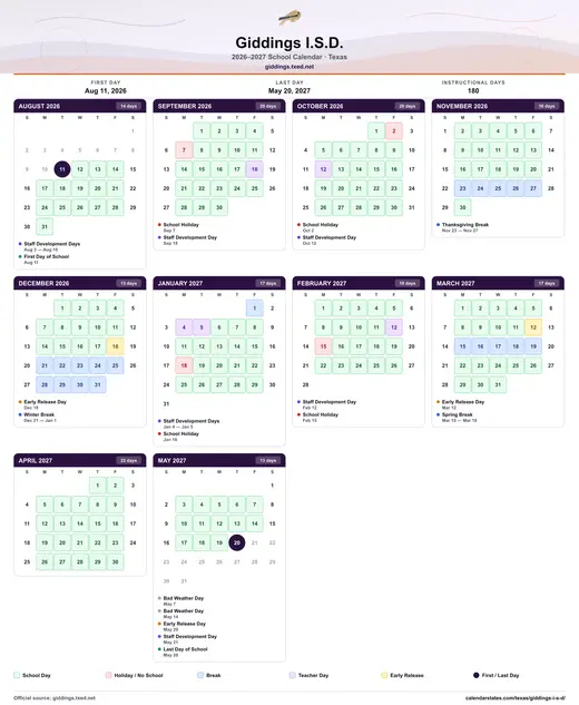 Giddings I.S.D. 2026–2027 printable school calendar — every month on one sheet