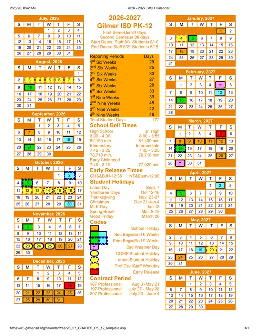 Gilmer ISD PK-12 2026–2027 Academic Calendar