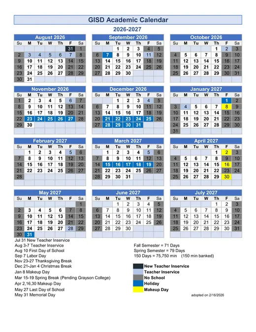 Gisd 2026–2027 Academic Calendar Page 1