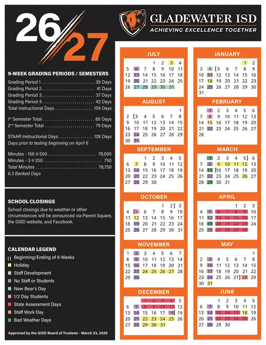 Gladewater ISD 2026–2027 Academic Calendar
