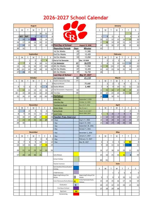 Glen Rose ISD 2026–2027 Academic Calendar Page 1