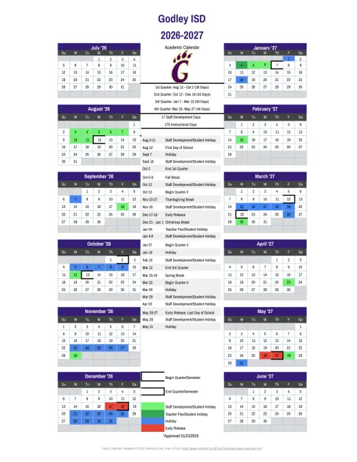Godley ISD 2026–2027 Academic Calendar Page 1