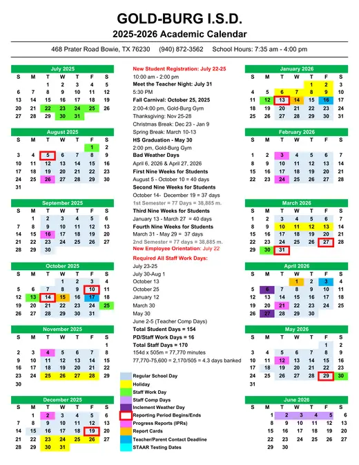 Gold-Burg I.s.d 2025–2026 Academic Calendar Page 1