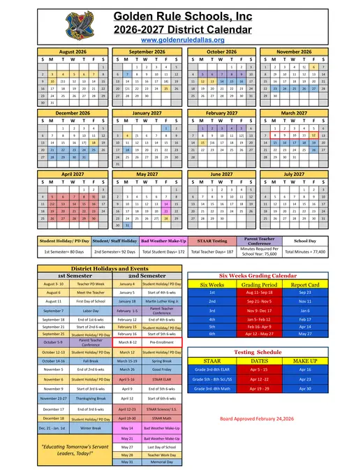 Golden Rule Schools, Inc 2026–2027 Academic Calendar