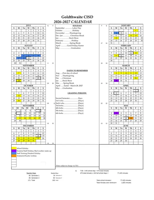 Goldthwaite CISD 2026–2027 Academic Calendar Page 1