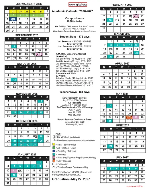 Gonzales Independent School District 2026–2027 Academic Calendar