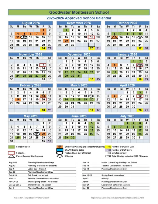 Goodwater Montessori School 2025–2026 Academic Calendar