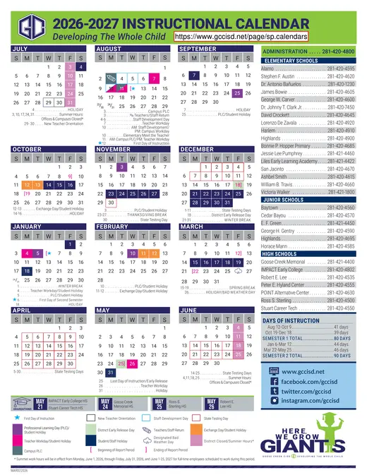 Goose Creek CISD 2026–2027 Academic Calendar
