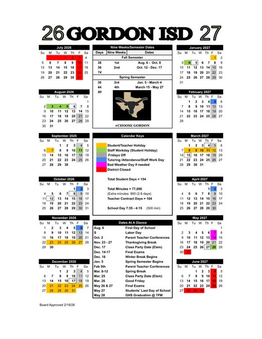 Gordon ISD 2026–2027 Academic Calendar Page 1
