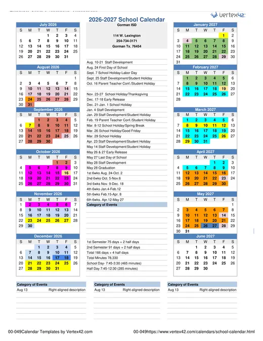 Gorman ISD 2026–2027 Academic Calendar Page 1