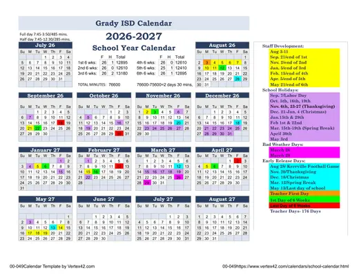 Grady ISD 2026–2027 Academic Calendar Page 1