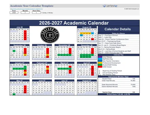 Graford ISD 2026–2027 Academic Calendar Page 1