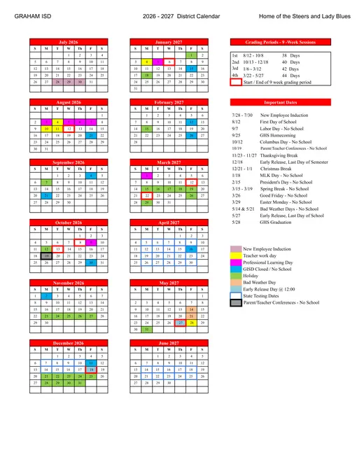 Graham ISD 2026–2027 Academic Calendar