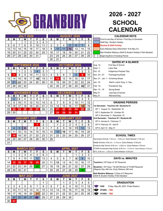 Granbury Independent School District 2026–2027 Academic Calendar