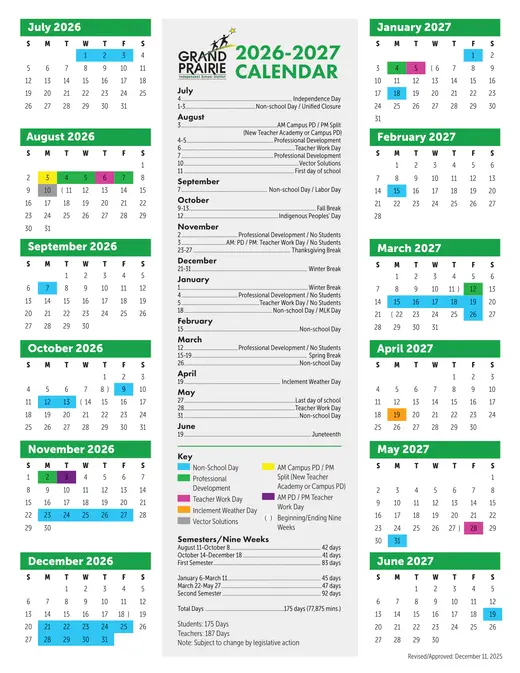 Grand Prairie Independent School District 2026–2027 Academic Calendar