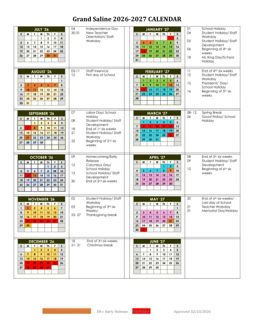 Grand Saline ISD 2026–2027 Academic Calendar Page 1