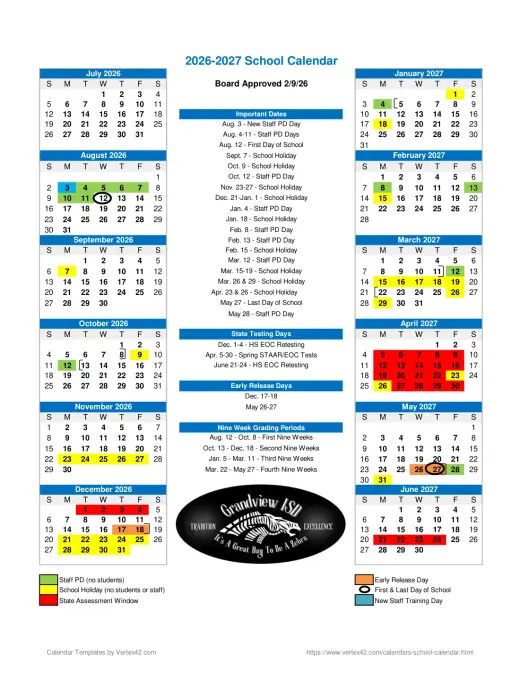 Grandview-Hopkins ISD 2026–2027 Academic Calendar Page 1