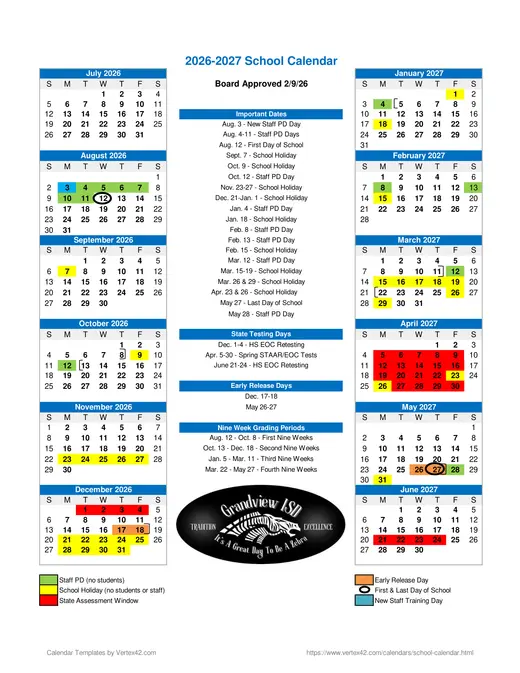 Grandview ISD 2026–2027 Academic Calendar Page 1