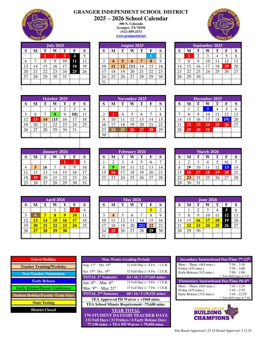 Granger Independent School District 2025–2026 Academic Calendar