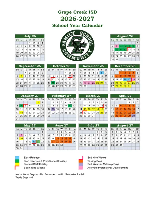 Grape Creek ISD 2026–2027 Academic Calendar
