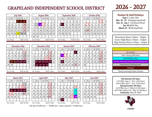 Grapeland ISD 2026–2027 Academic Calendar Page 1