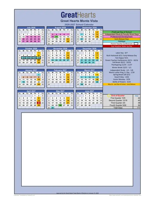 Great Hearts Monte Vista 2026–2027 Academic Calendar