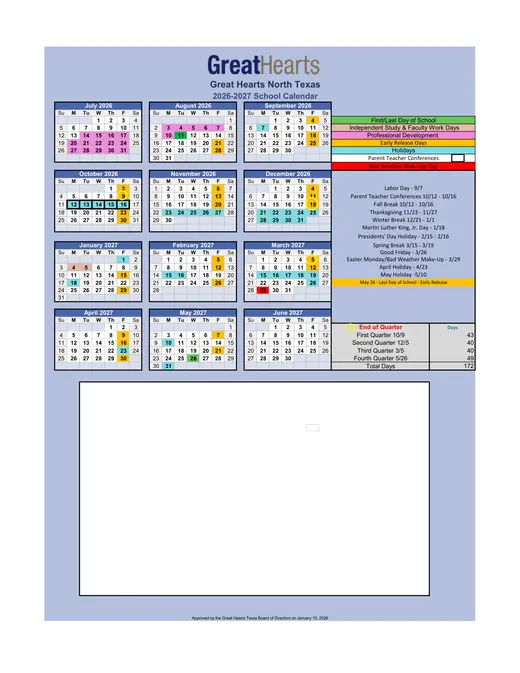 Great Hearts North Texas 2026–2027 Academic Calendar