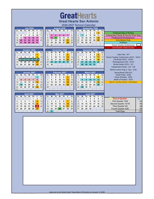 Great Hearts San Antonio 2026–2027 Academic Calendar