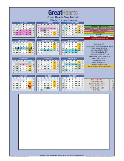 Great Hearts Texas 2026–2027 Academic Calendar Page 1