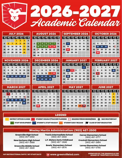 Greenville ISD 2026–2027 Academic Calendar