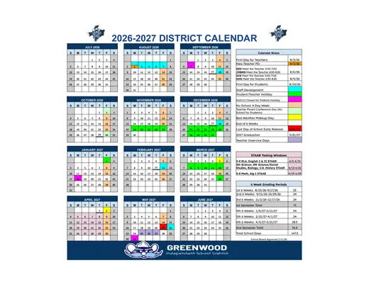 Greenwood Independent School District 2026–2027 Academic Calendar