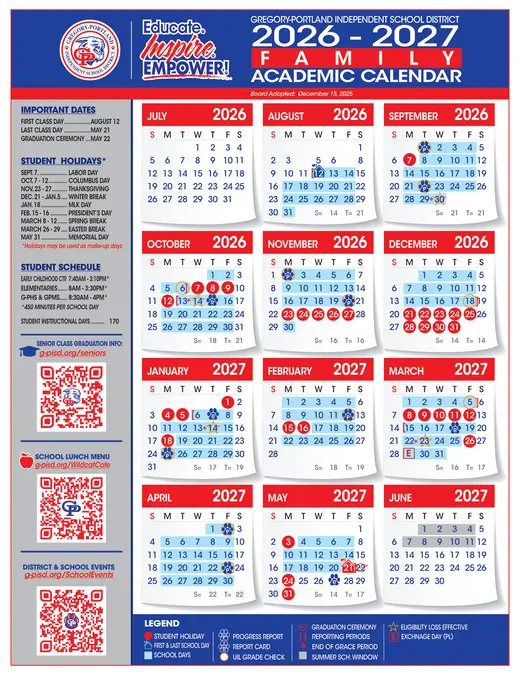 Gregory-Portland Independent School District 2026–2027 Academic Calendar