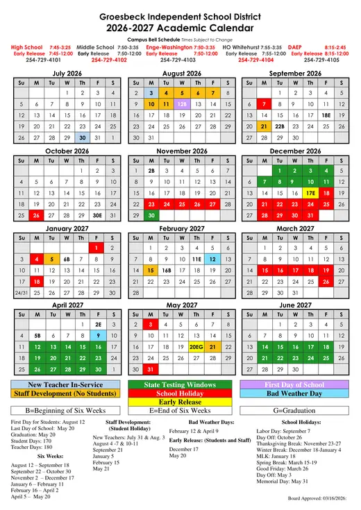 Groesbeck Independent School District 2026–2027 Academic Calendar
