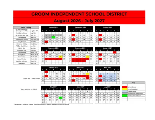 Groom ISD 2026–2027 Academic Calendar Page 1