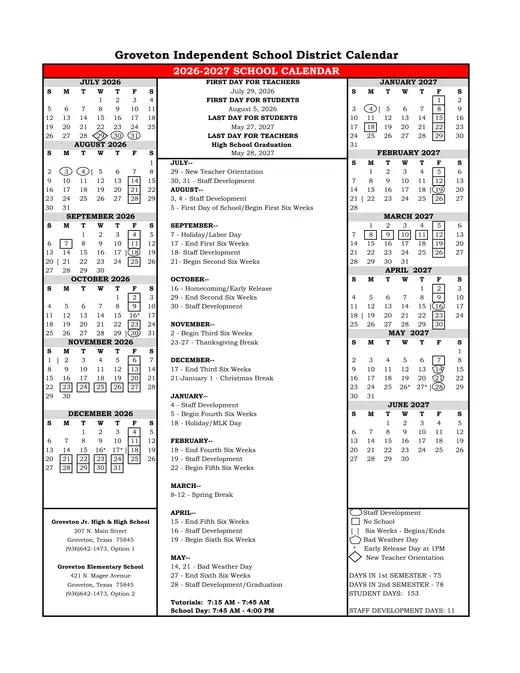 Groveton ISD 2026–2027 Academic Calendar Page 1