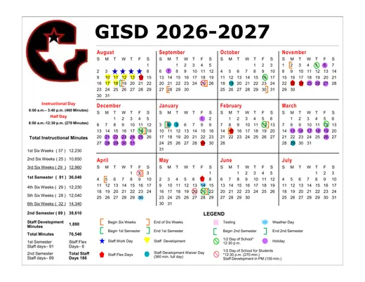 Gruver ISD 2026–2027 Academic Calendar Page 1