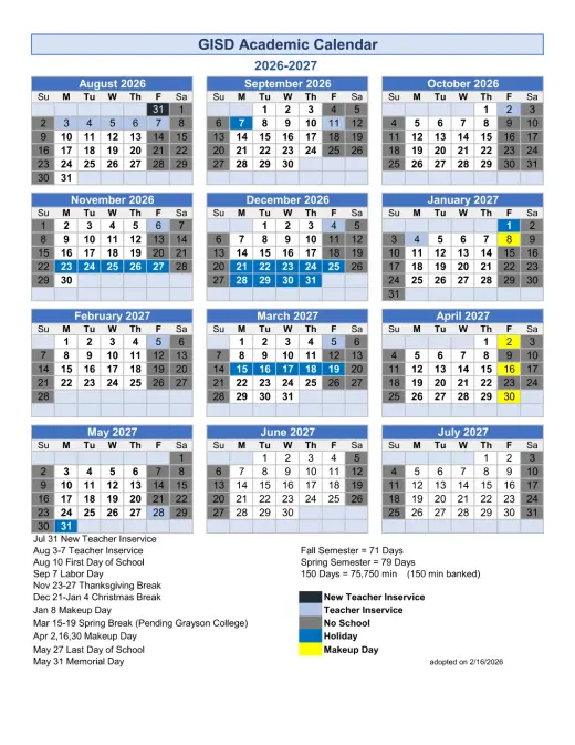 Gunter ISD 2026–2027 Academic Calendar Page 1