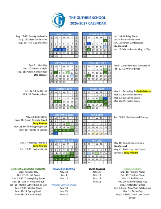 Guthrie CSD 2026–2027 Academic Calendar Page 1